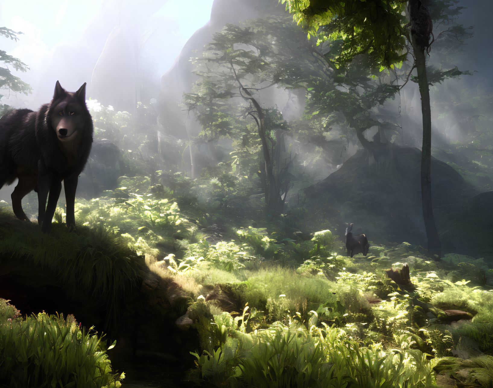 Majestic wolf in forest with sunlight and greenery