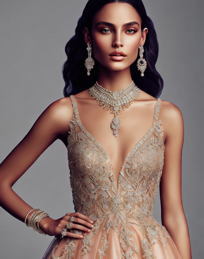 Elegant woman in beige gown with intricate embroidery and statement jewelry poses gracefully