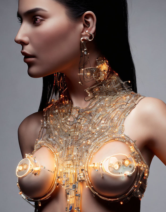 Person with sleek hair in futuristic gold-toned illuminated body armor and earrings