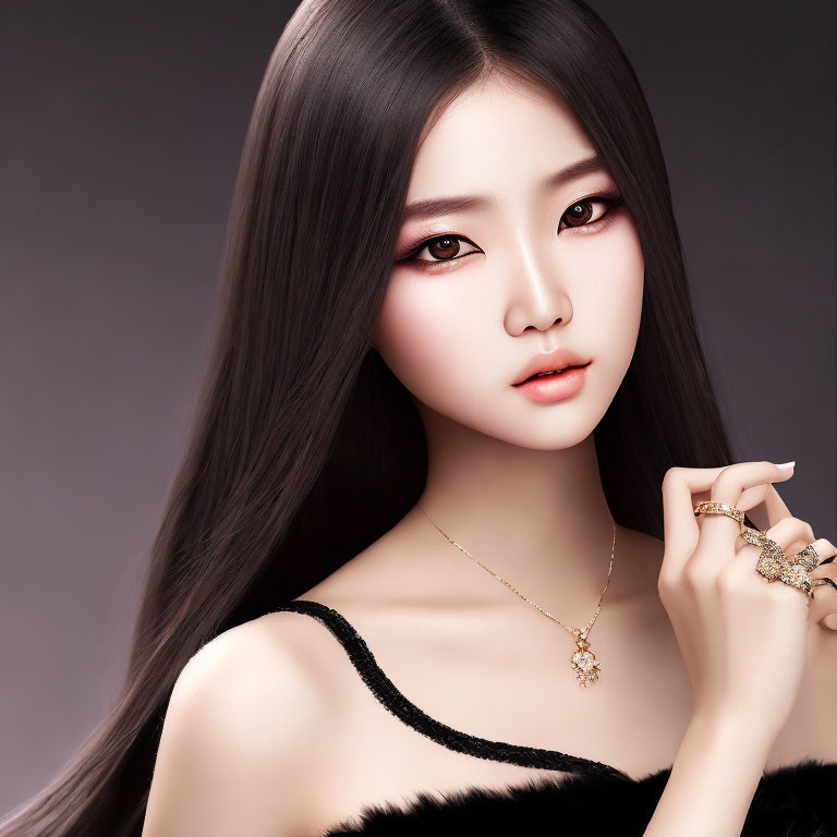 Digital artwork features woman with long black hair, pale skin, red eye makeup, black top, and