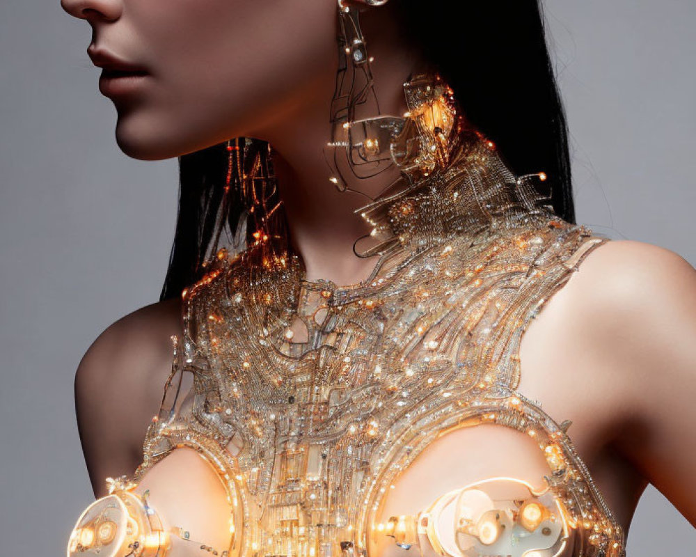 Person with sleek hair in futuristic gold-toned illuminated body armor and earrings