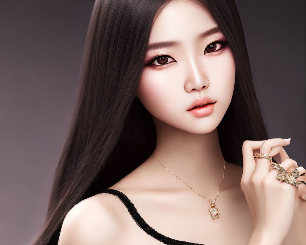 Digital artwork features woman with long black hair, pale skin, red eye makeup, black top, and