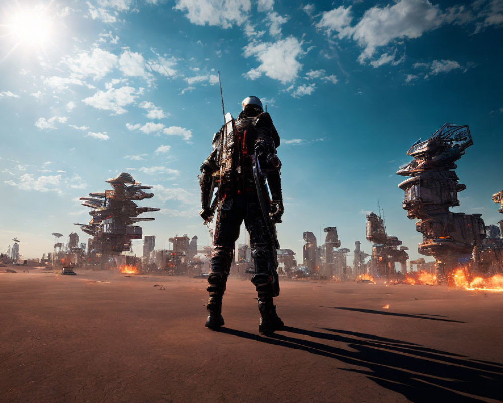 Futuristic soldier in armor against dystopian cityscape