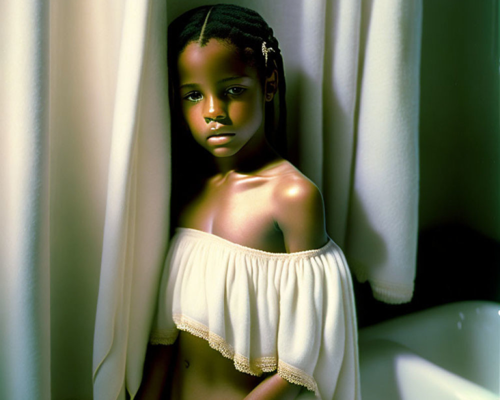 Young girl with braided hair in white off-shoulder top by curtain and bathtub