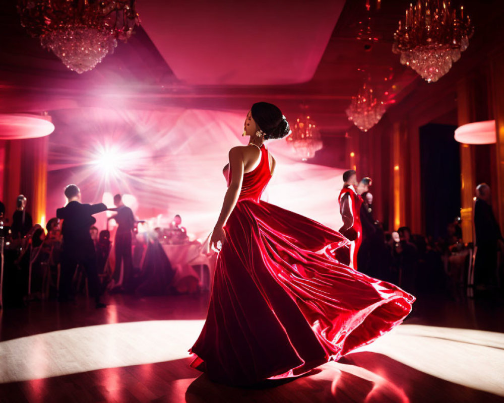 Woman in Red Dress Twirling at Formal Event