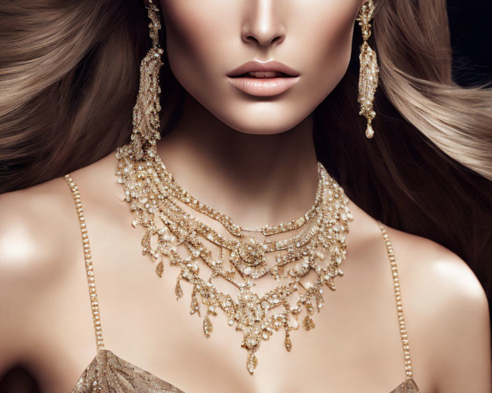 Woman with flowing hair in golden jewelry on dark background