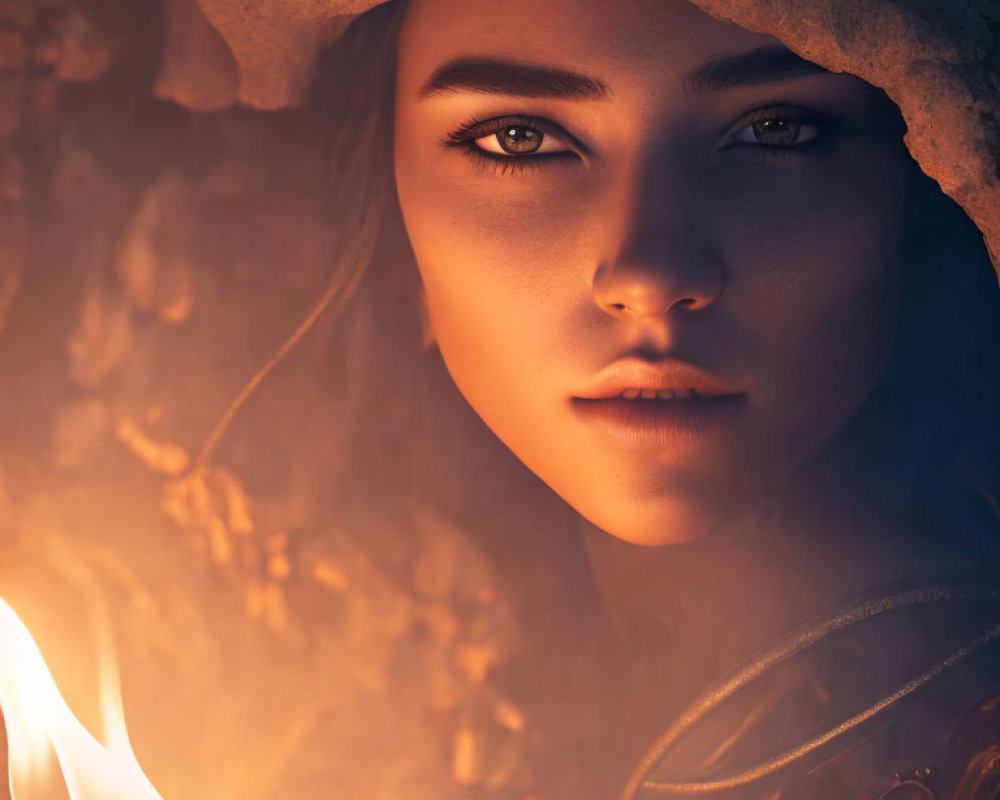 Intense eyes under shaded hat against fiery backdrop with flame