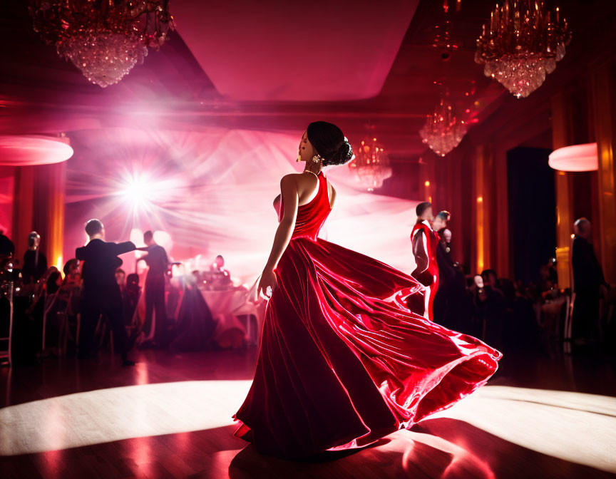 Woman in Red Dress Twirling at Formal Event