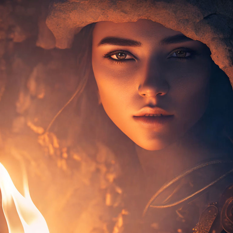 Intense eyes under shaded hat against fiery backdrop with flame