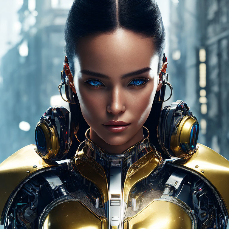 Female Android with Exposed Mechanical Neck and Shoulders in Golden Armor