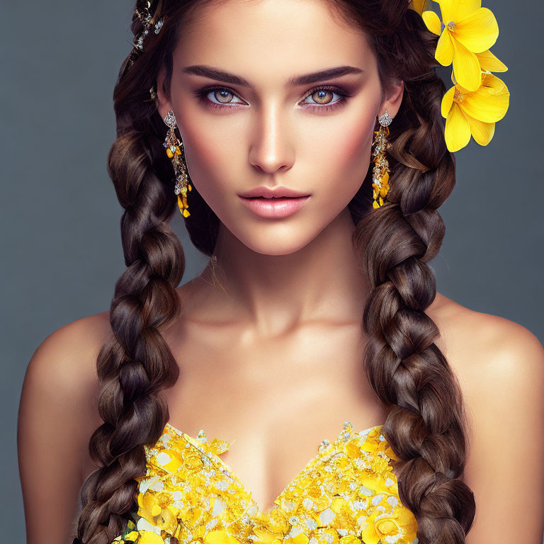 Woman with Braided Hair and Intense Blue Eyes in Yellow Floral Accessory and Beaded Attire