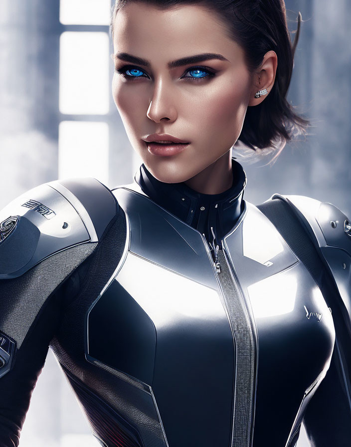 Digital illustration of woman in futuristic armored suit with blue eyes and dark hair