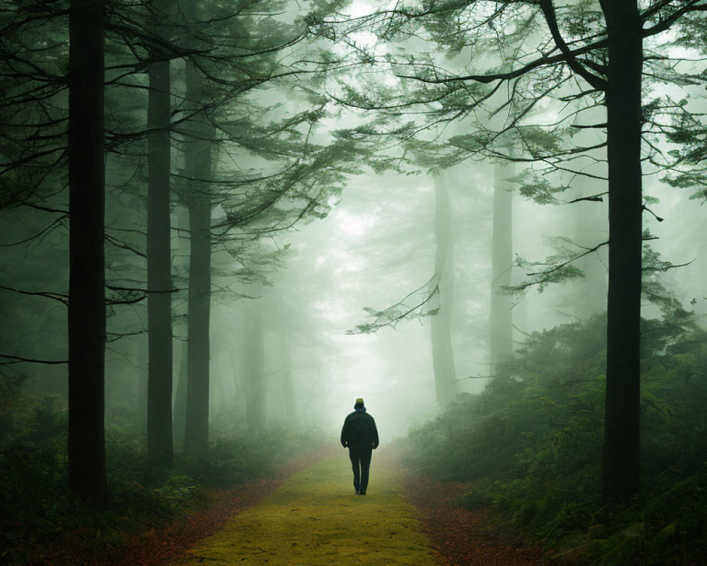 Misty forest path with towering trees and greenish glow