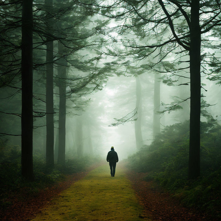 Misty forest path with towering trees and greenish glow