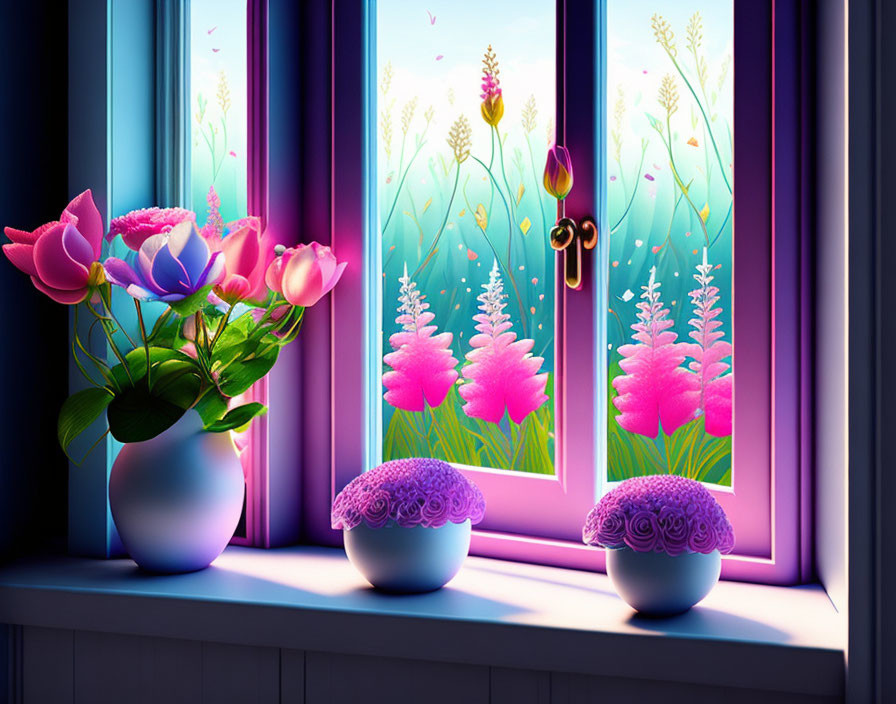 Vibrant Flower Window Scene with Blue Sky