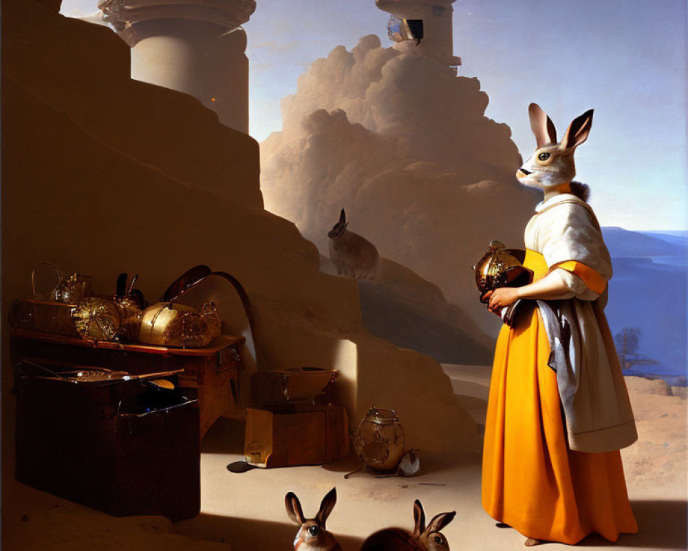 Anthropomorphic rabbits in desert with scattered luggage and fantasy towers.