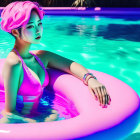 Pink-haired woman lounging on pink pool float in pool