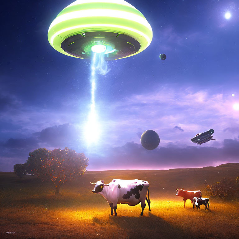 Unusual scene: UFO shines light on cows in field with hovering spacecraft and planets