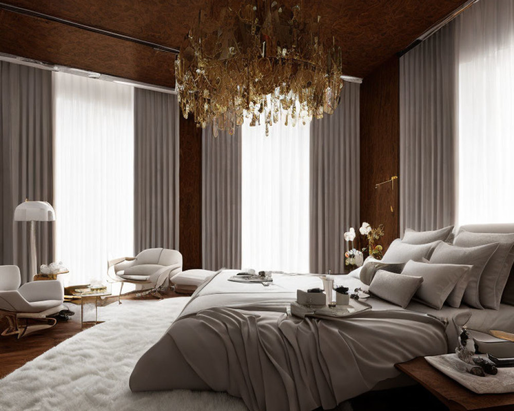 Luxurious Bedroom with Plush Bed, Crystal Chandelier, and Wooden Accents