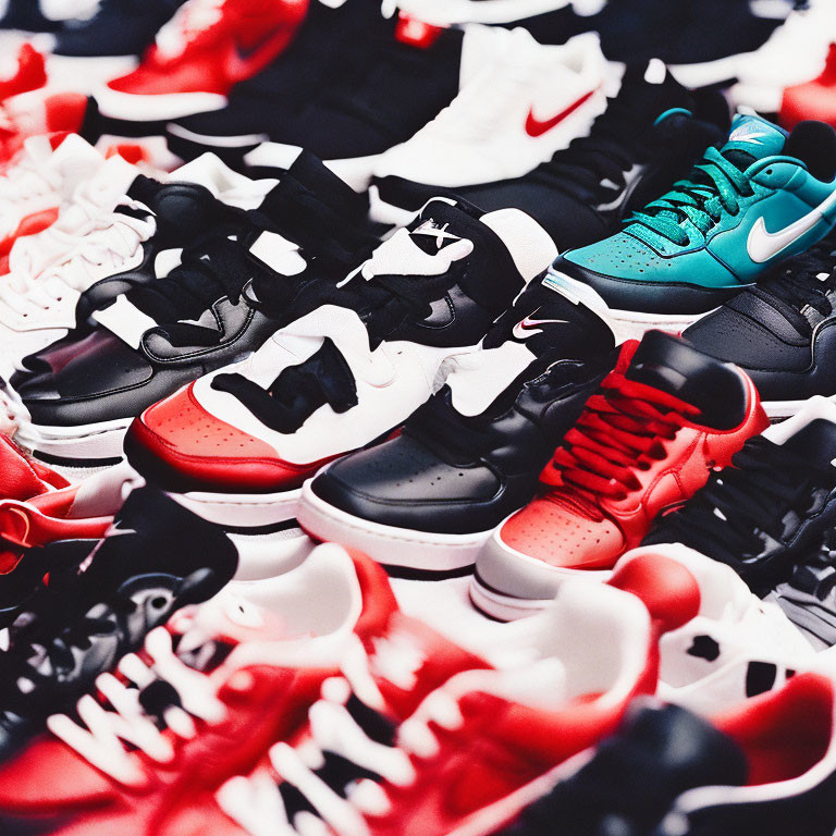 Assorted Nike Sneakers in Red, Black, and White Varieties