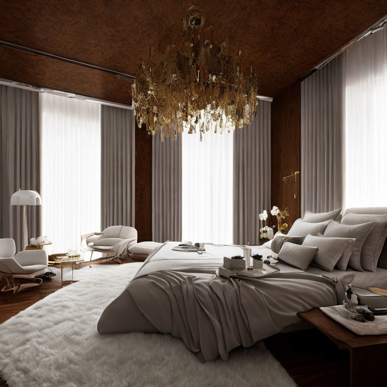 Luxurious Bedroom with Plush Bed, Crystal Chandelier, and Wooden Accents