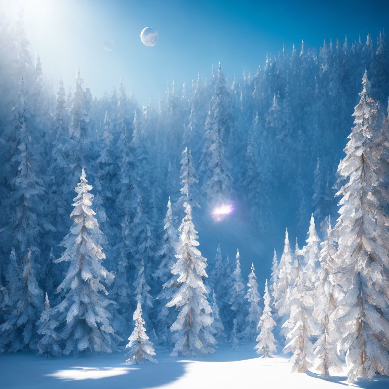 Snow-covered fir trees under bright sun with two celestial bodies in clear blue sky