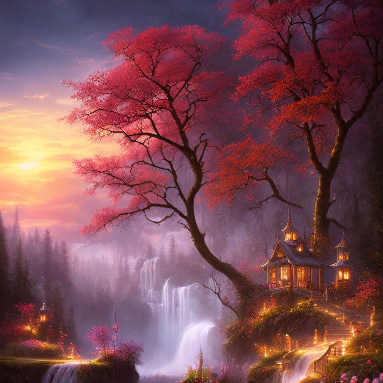 Ethereal sunset landscape with pink blossomed trees, traditional house, waterfall, and glowing lights.