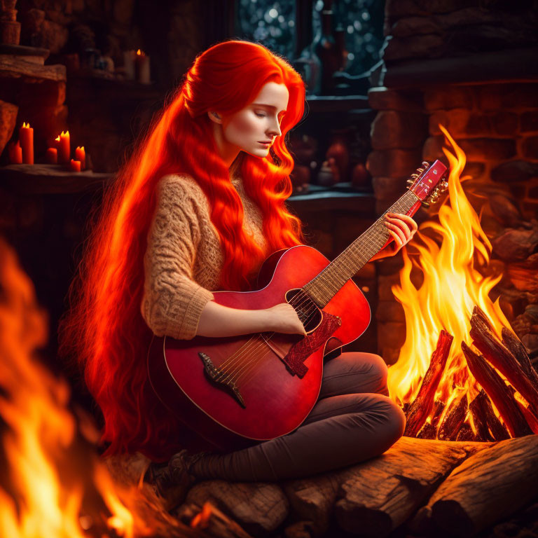 Red-haired woman playing acoustic guitar by fireplace in cozy room