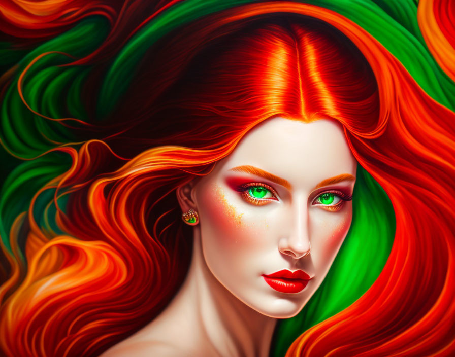 Vibrant digital portrait of a woman with red and green hair, green eyes, and red lipstick