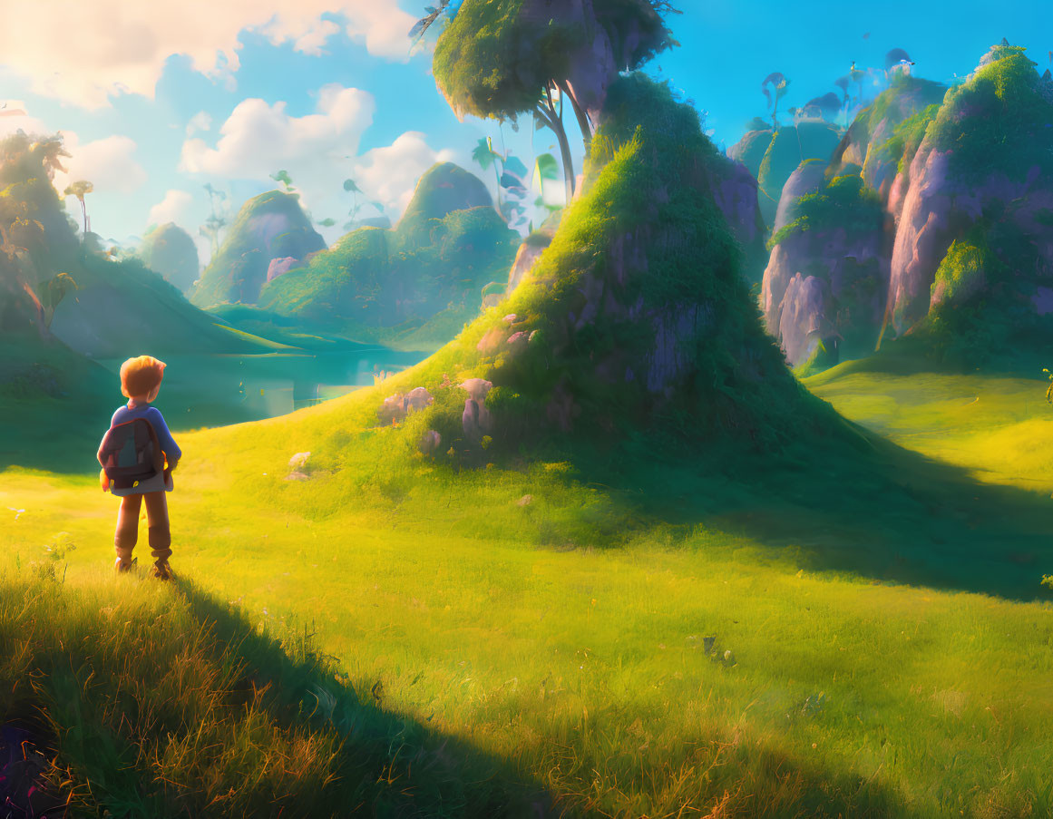 Young Boy in Vibrant Fantastical Landscape with Backpack