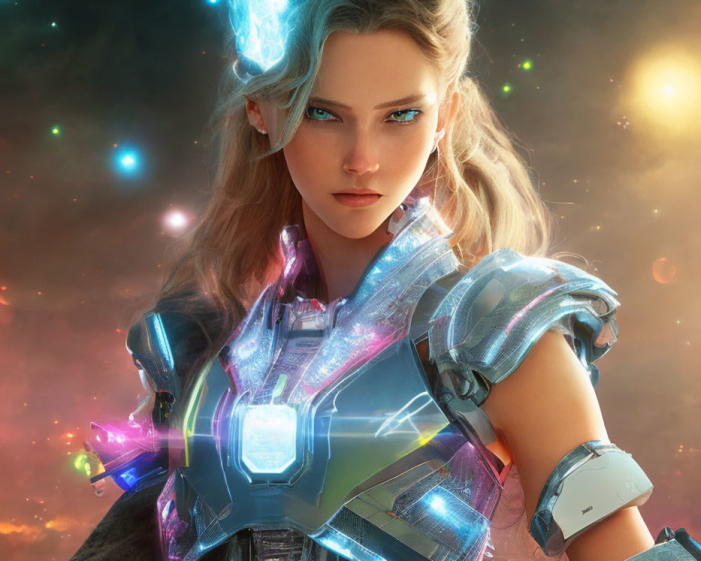 Futuristic female warrior with glowing blue eyes in energy armor