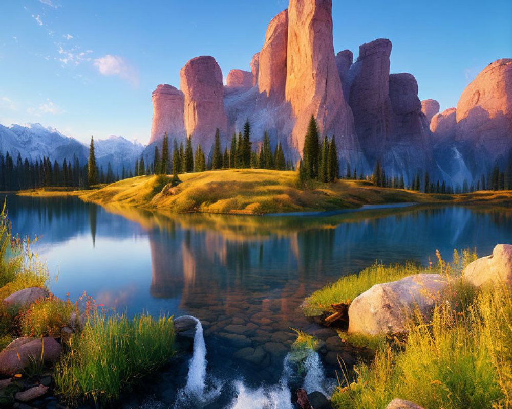 Tranquil sunrise scene of red rock formations reflected in lake