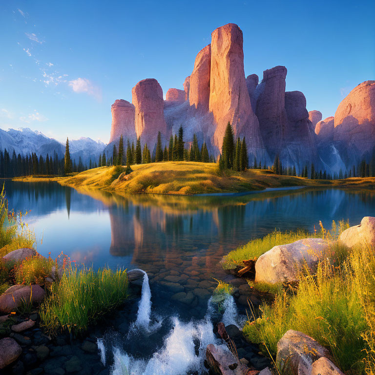 Tranquil sunrise scene of red rock formations reflected in lake