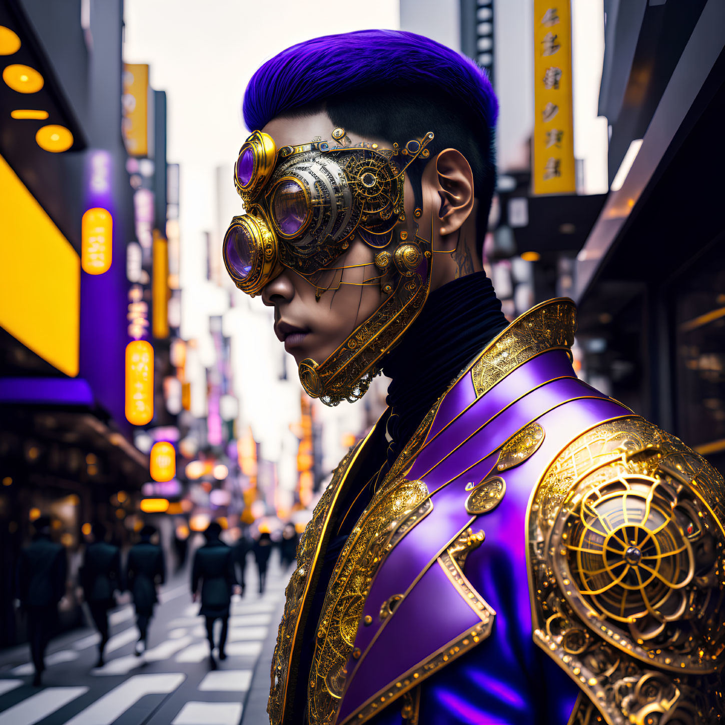 Purple-haired person in steampunk attire with golden goggles on city street