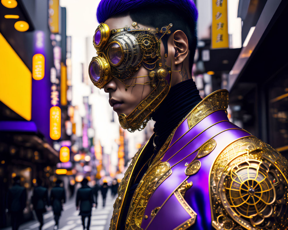 Purple-haired person in steampunk attire with golden goggles on city street