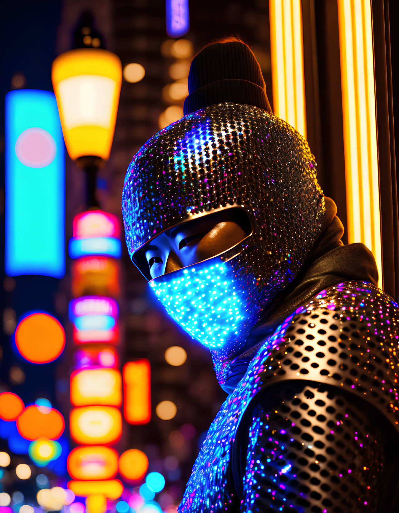 Glittering full-face mask and winter attire in neon-lit urban setting