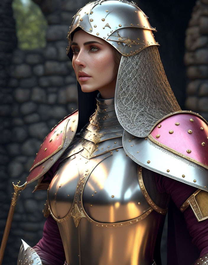 Medieval armor-clad woman in helmet and chainmail, looking contemplative.