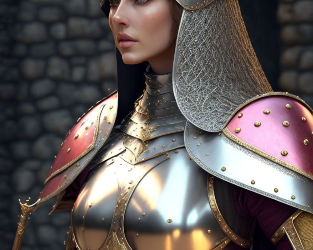 Medieval armor-clad woman in helmet and chainmail, looking contemplative.