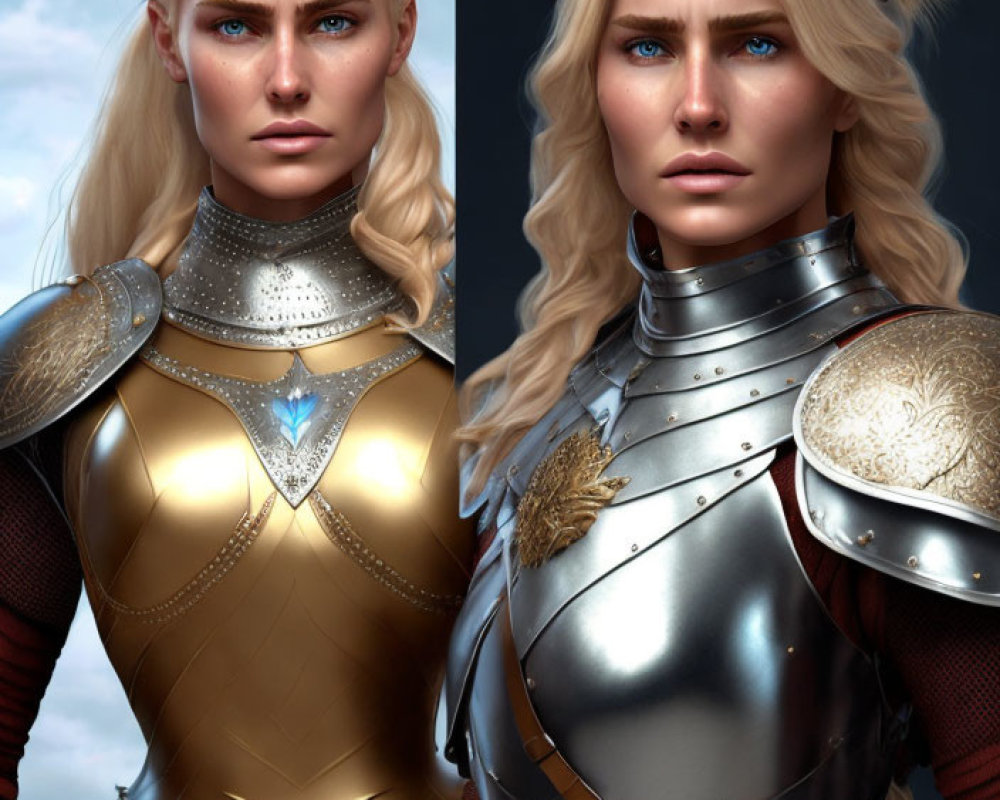 Blonde Female Characters in Silver and Gold Armor Artwork