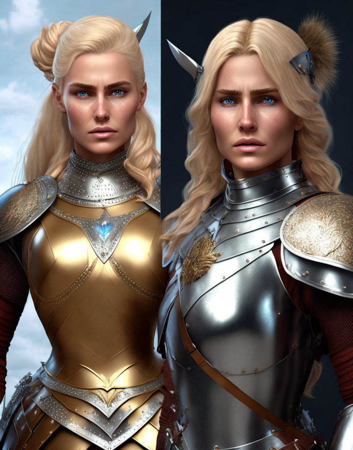 Blonde Female Characters in Silver and Gold Armor Artwork