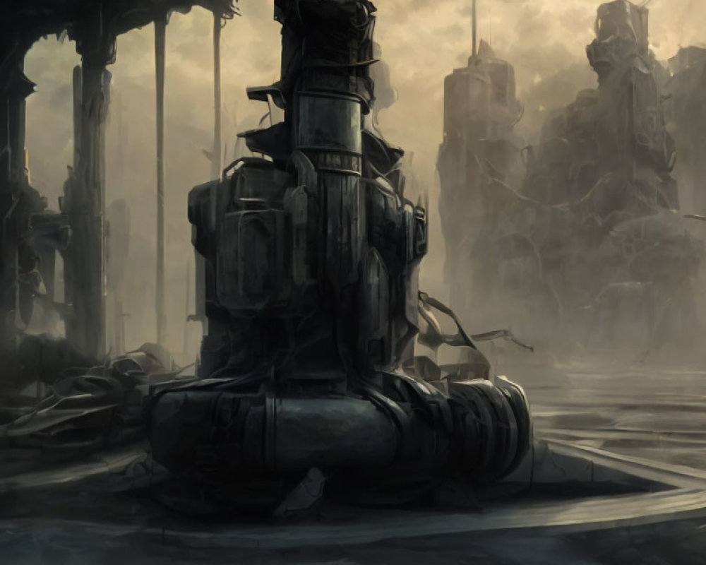 Dystopian landscape with towering dark structures and desolate ruins