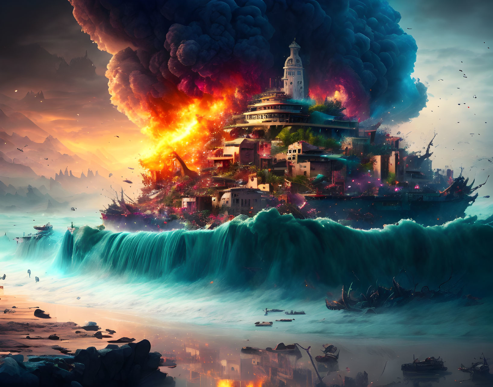 Fantastical city on colossal wave with volcanic ash cloud, boats, vibrant atmosphere