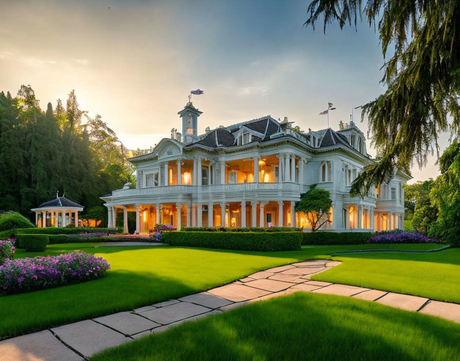 Stunning two-story white mansion with balcony in lush garden landscape