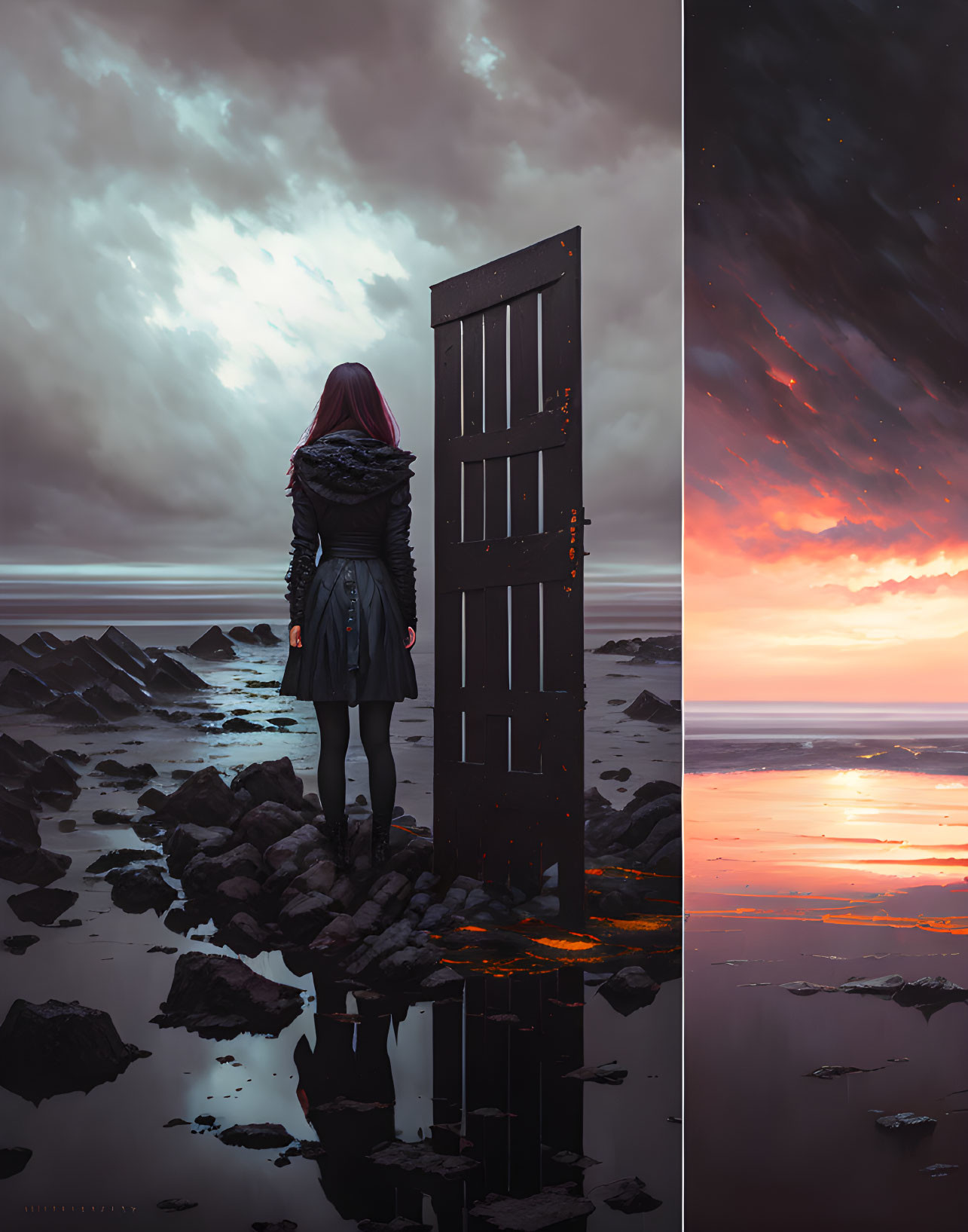 Red-Haired Person by Door on Rocky Path with Dramatic Sky and Sunset Reflection