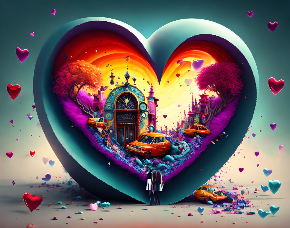 Colorful Heart-Shaped Landscape with Vintage Car and Floating Hearts