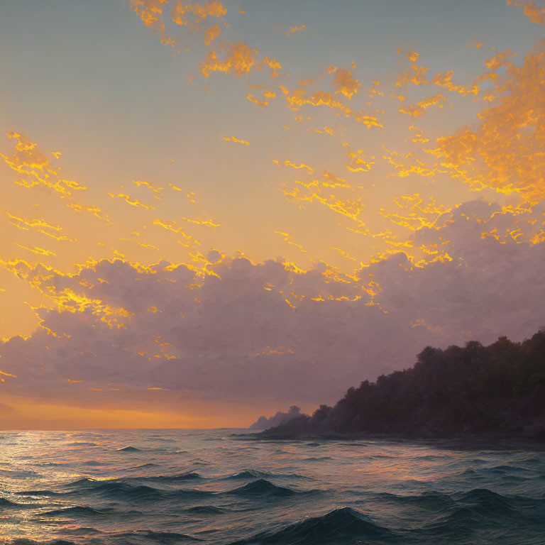 Scenic ocean sunset with golden clouds and gentle waves