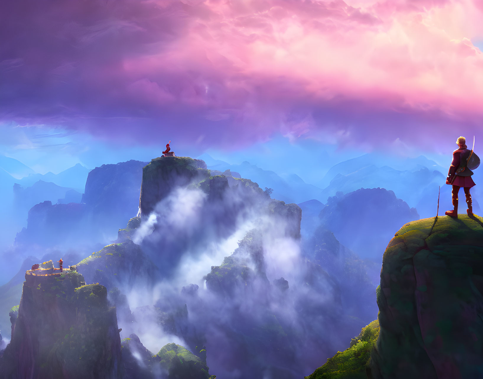 Fantasy landscape with misty mountains and dramatic sky