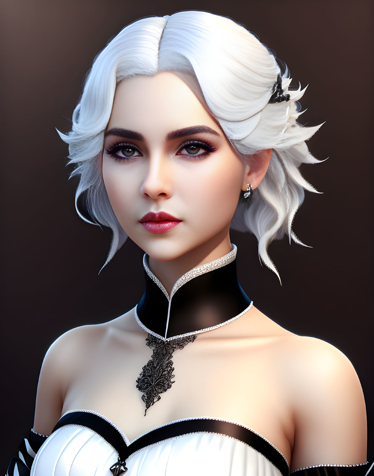 Portrait of woman with white hair, dark eyes, black & white dress, lace choker.