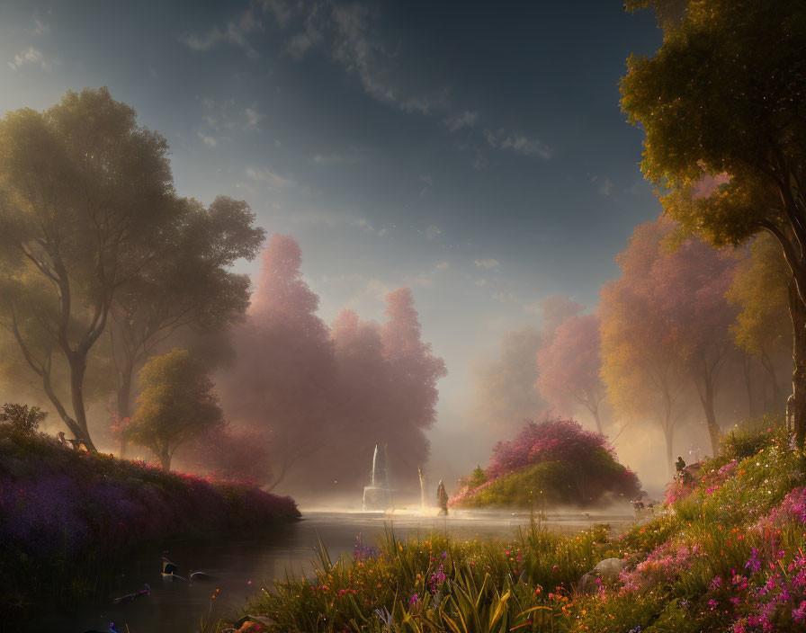 Tranquil sunset park with fountain, purple trees, flowers, mist, and person.