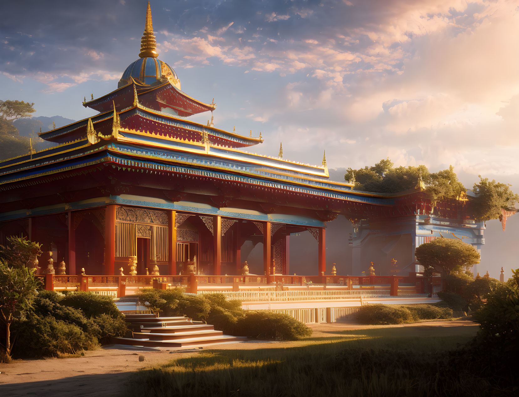 Elaborate Traditional Asian Temple in Warm Sunlight